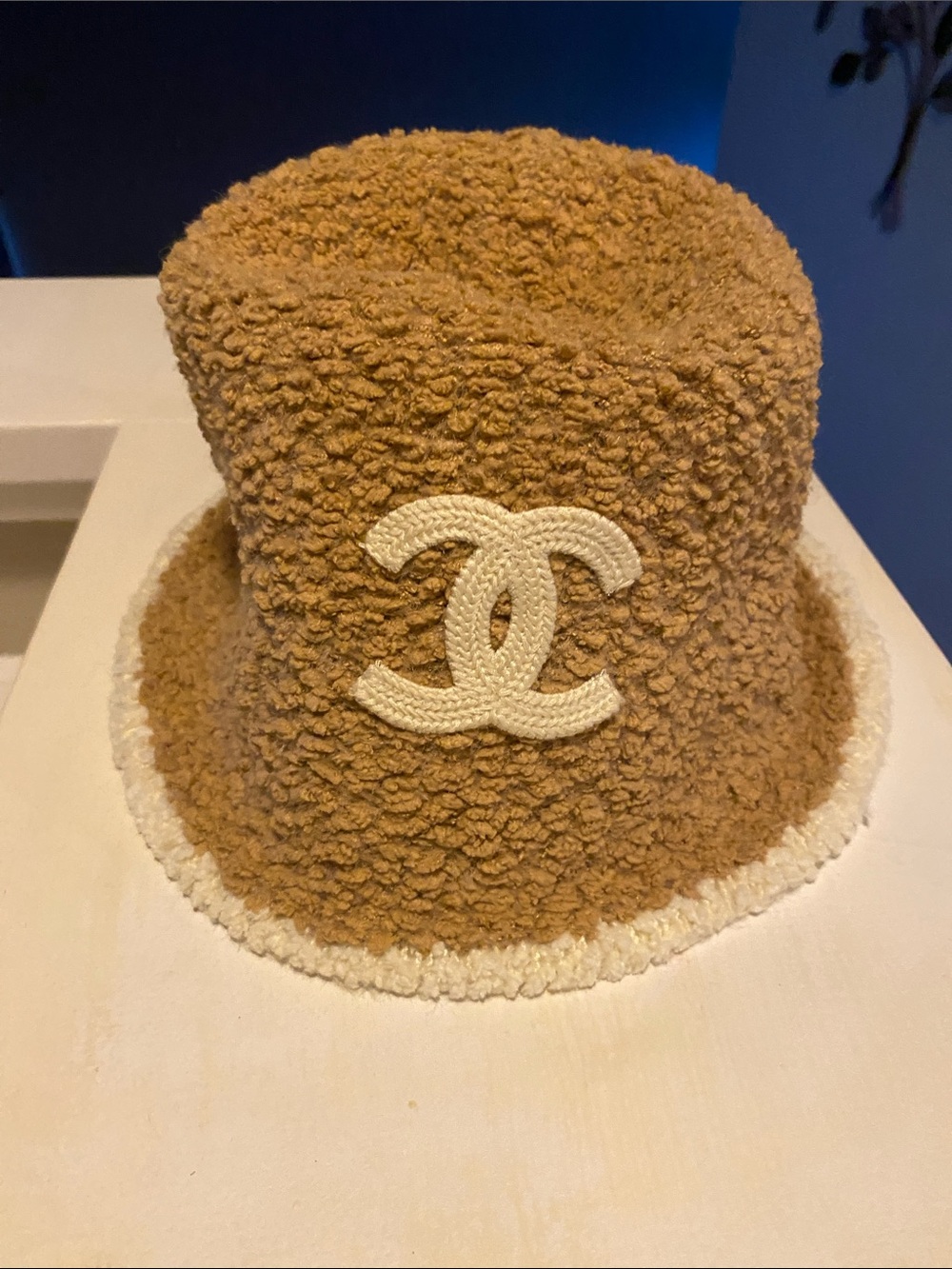 Fashion Tan Teddy Bucket Hat with White CC Emblem